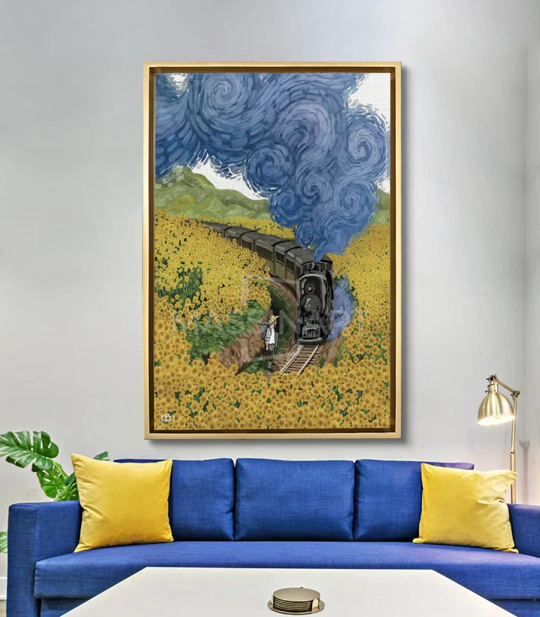 Ambientación en salón moderno con tonos azules y amarillos, cuadro Take me home de Massinart