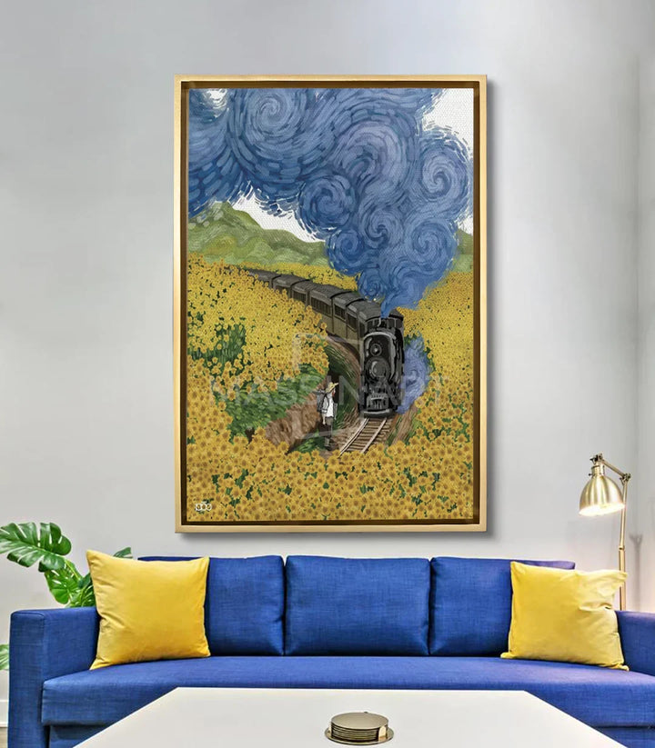 Ambientación en salón moderno con tonos azules y amarillos, cuadro Take me home de Massinart