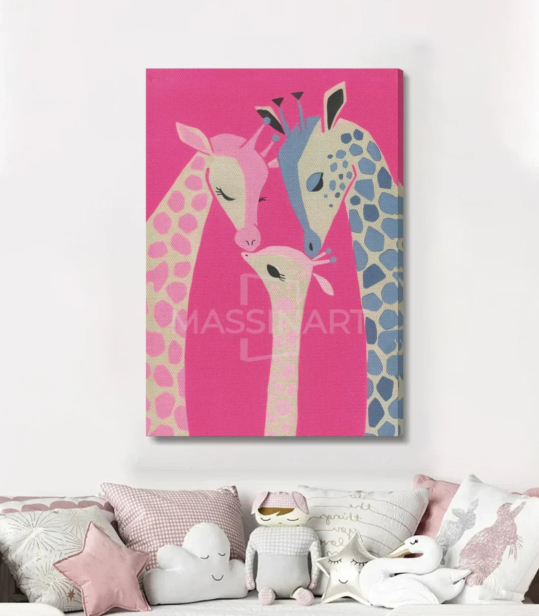 Detalle de la ilustración geométrica de jirafas en rosa de Little Giraffe Massinart