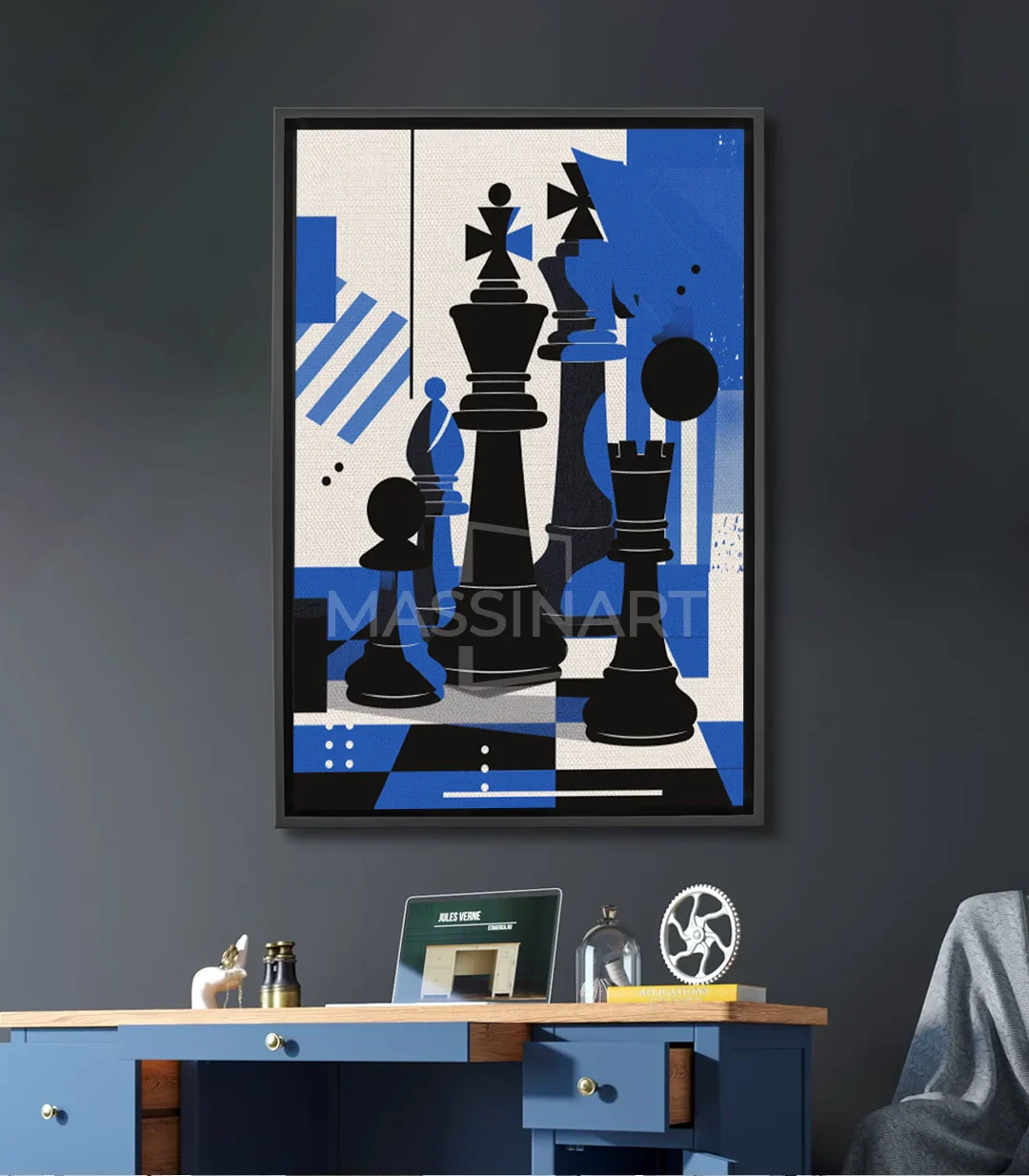 Cuadro Chess Massinart — composición cubista en azul, negro y blanco con piezas de ajedrez abstractas