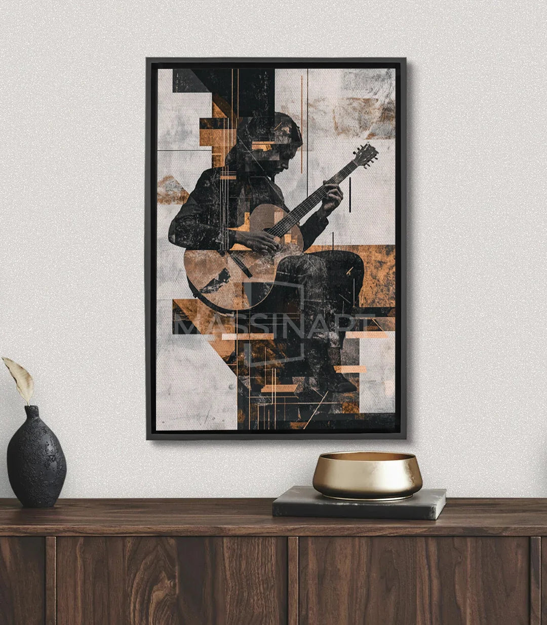 Cuadro Rhythmic Hands Massinart — músico guitarra collage geométrico negro dorado