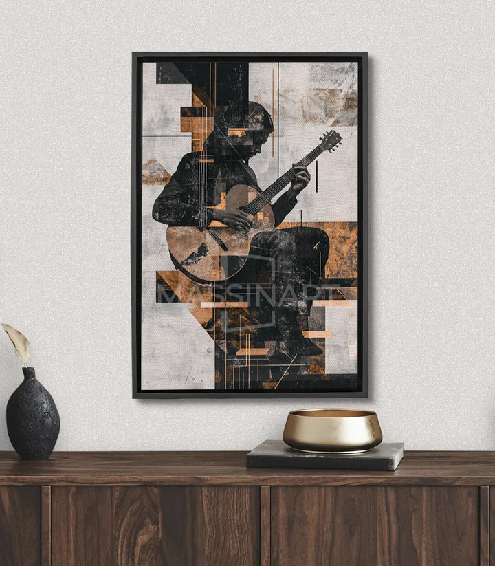 Cuadro Rhythmic Hands Massinart — músico guitarra collage geométrico negro dorado