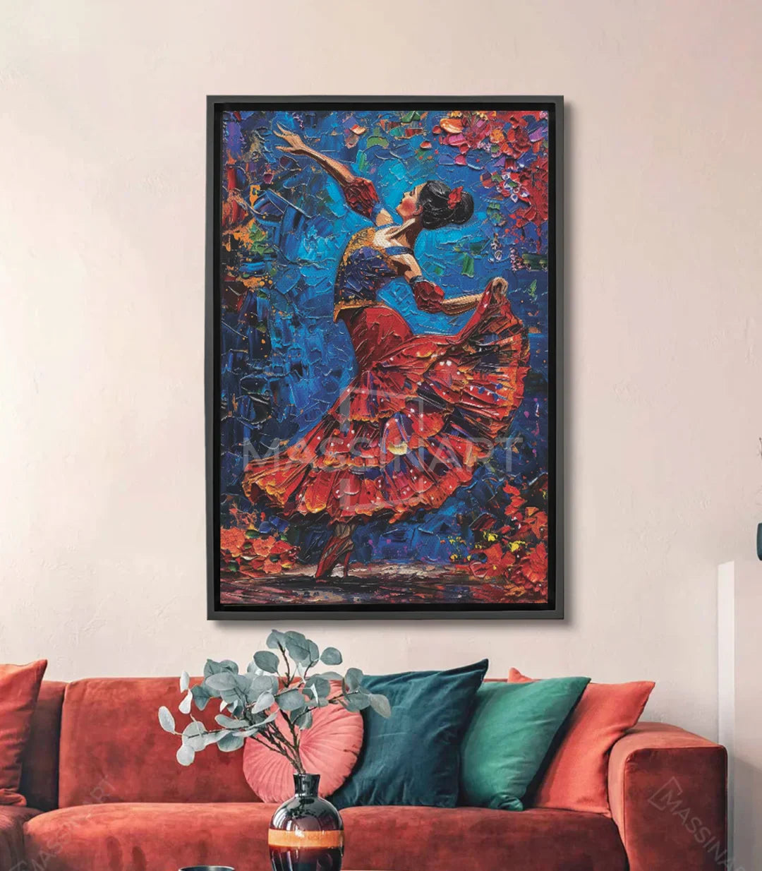 Cuadro Flamenco Massinart — bailaora con vestido rojo sobre fondo azul expresionista