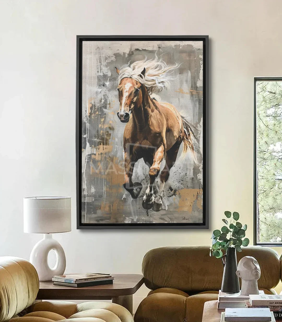 Cuadro de caballo al galope con crin blanca, estilo expresionista en tonos beige y marrón — Massinart