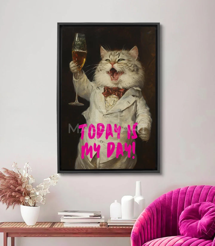 Cuadro pop-art de gato blanco brindando con copa de champán, texto magenta sobre fondo negro — Massinart