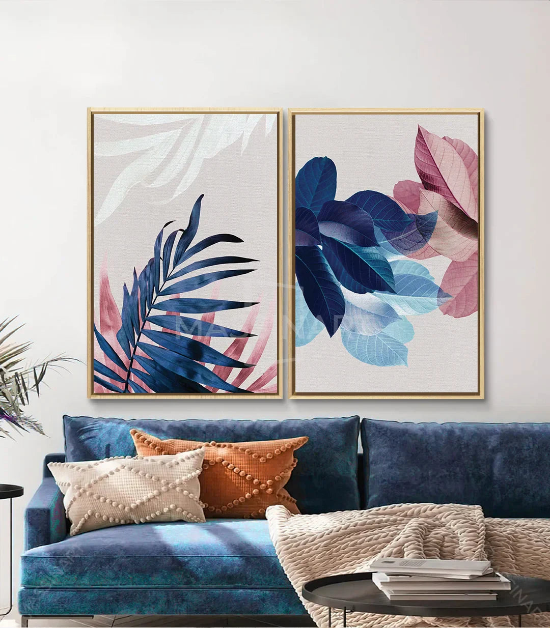 Decoración interior con díptico Botanical Leaves en salón contemporáneo, Massinart