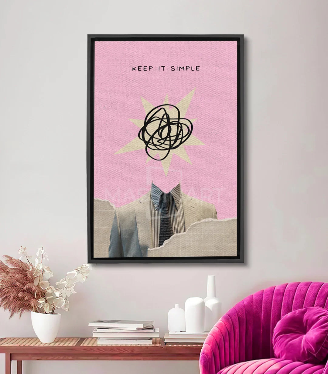 Cuadro Keep It Simple — ilustración minimalista en rosa empolvado con tipografía y composición geométrica