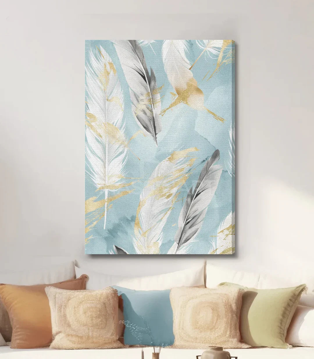 Cuadro Softness plumas doradas ambiente salón sereno y zen Massinart