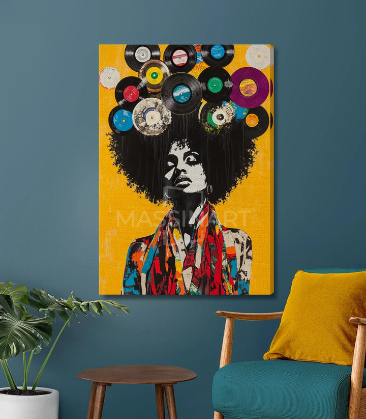 Cuadro Melody and Soul Massinart — detalle retrato pop-art con vinilos multicolores, estilo urbano y musical