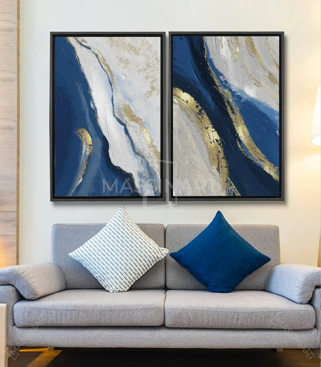 Cuadro Oceans díptico Massinart — abstracto mármol azul dorado blanco