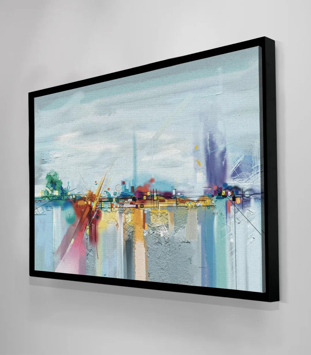 Cuadro colorido moderno con degradados azul, amarillo y rosa sobre horizonte urbano — Massinart