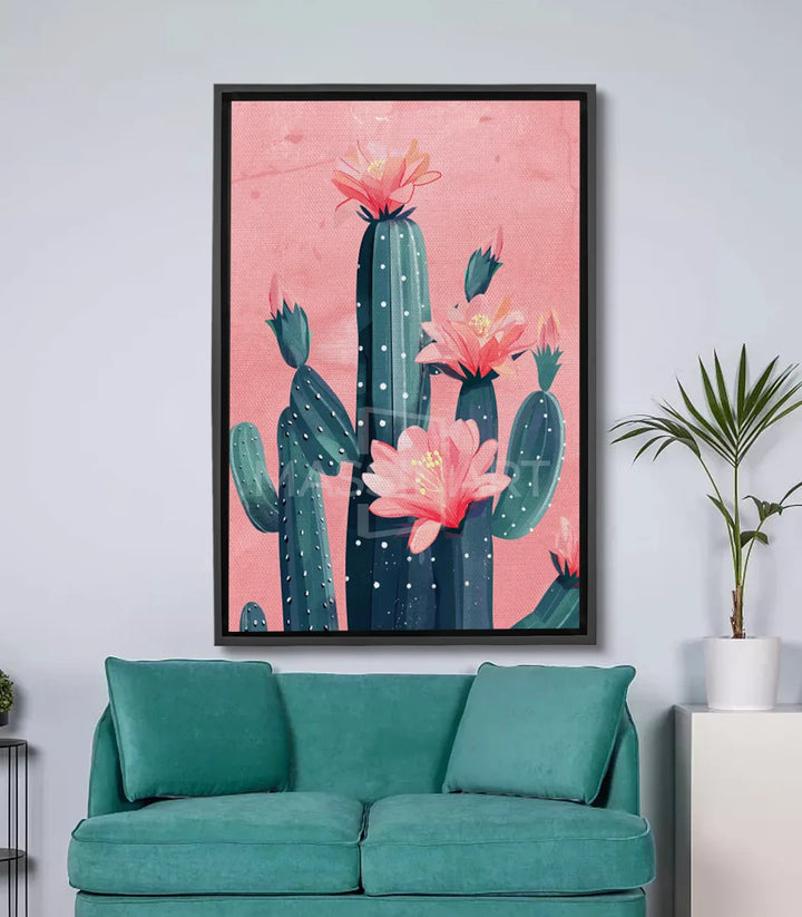 Cuadro Blooming Cactus Massinart — cactus florido en azul y rosa sobre fondo rosa pastel