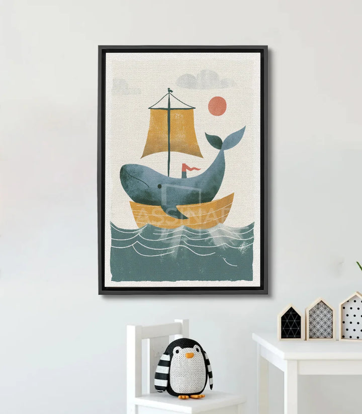 Cuadro Whale Ride — ballena azul turquesa con vela dorada y sol rojo, estilo minimalista Massinart
