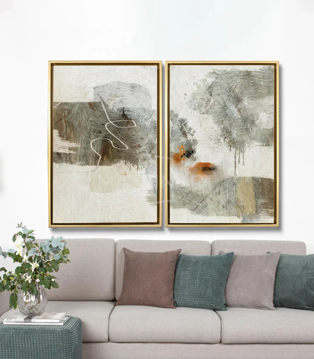Díptico All or Nothing en salón moderno sobre sofá minimalista, decoración de pared contemporánea — Massinart