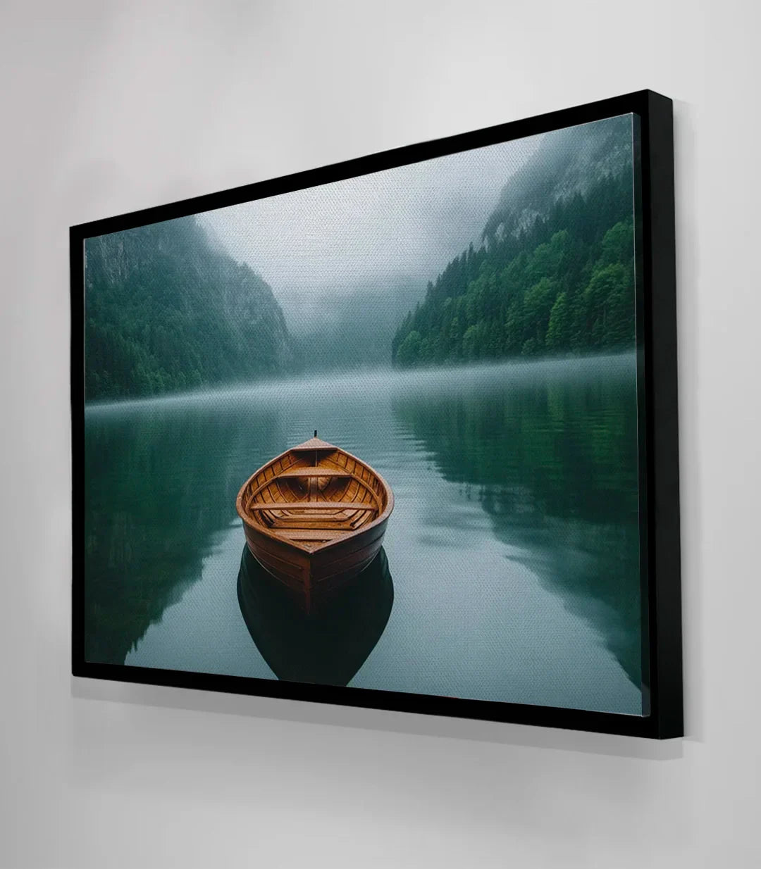 Ambiente The Quiet Float — cuadro naturaleza colgado en pared de salón en gris y blanco, Massinart