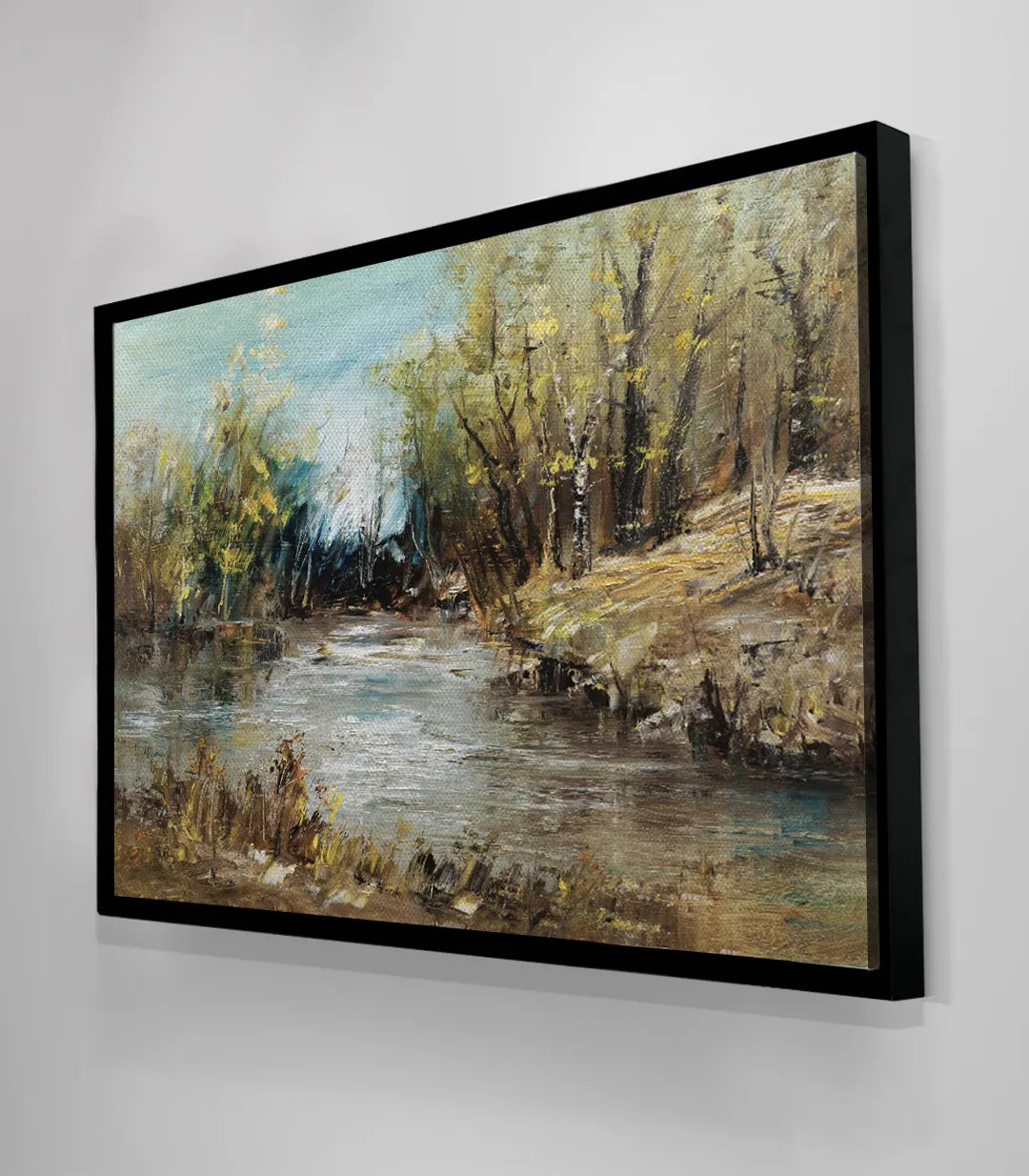 Dormitorio decorado con cuadro de río en bosque otoñal Massinart
