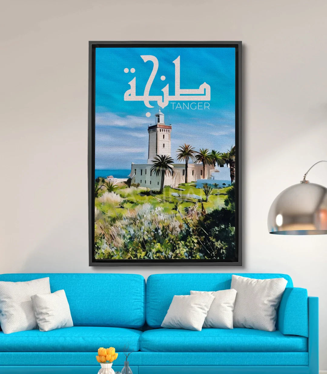Cuadro faro de Tánger — faro blanco, palmeras y cielo azul turquesa, fotografía artística Massinart