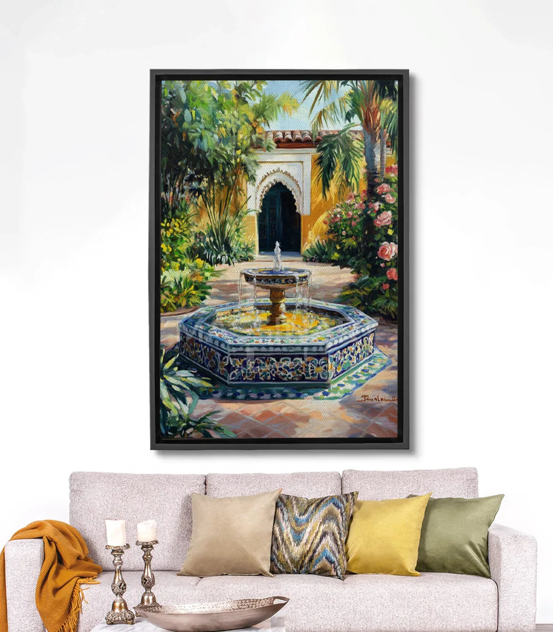 Cuadro Fountain Charm Massinart — fuente con zellige marroquí en patio de riad con palmeras