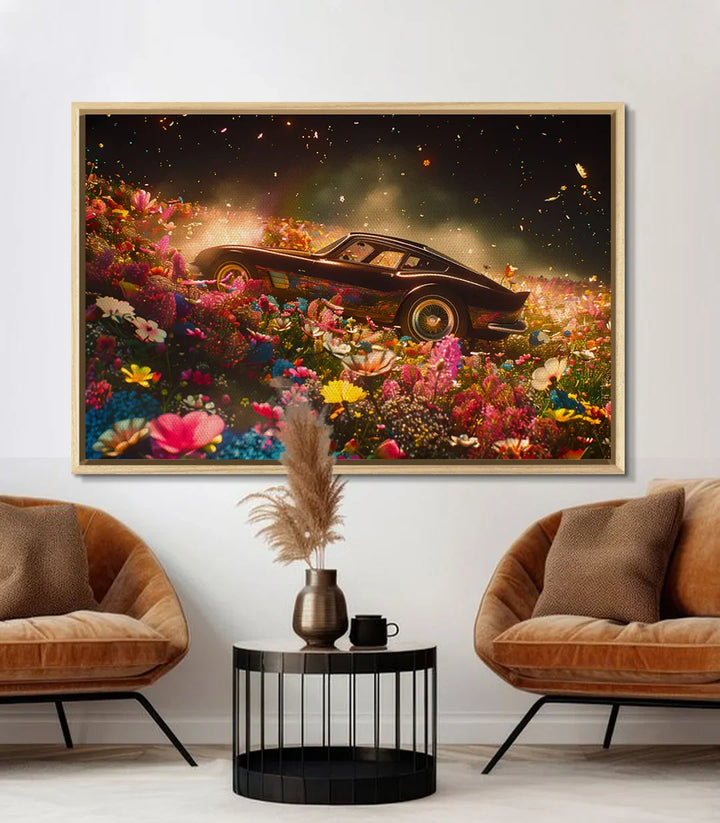 Cuadro Flower Ride coche entre flores ambiente onírico Massinart