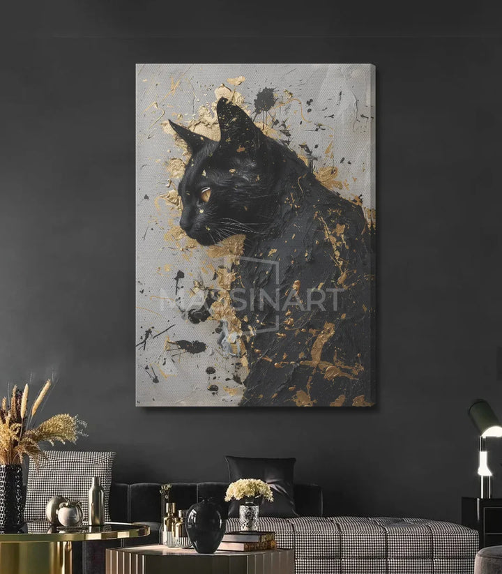 Detalle cuadro gato negro dorado — retrato expresionista Massinart