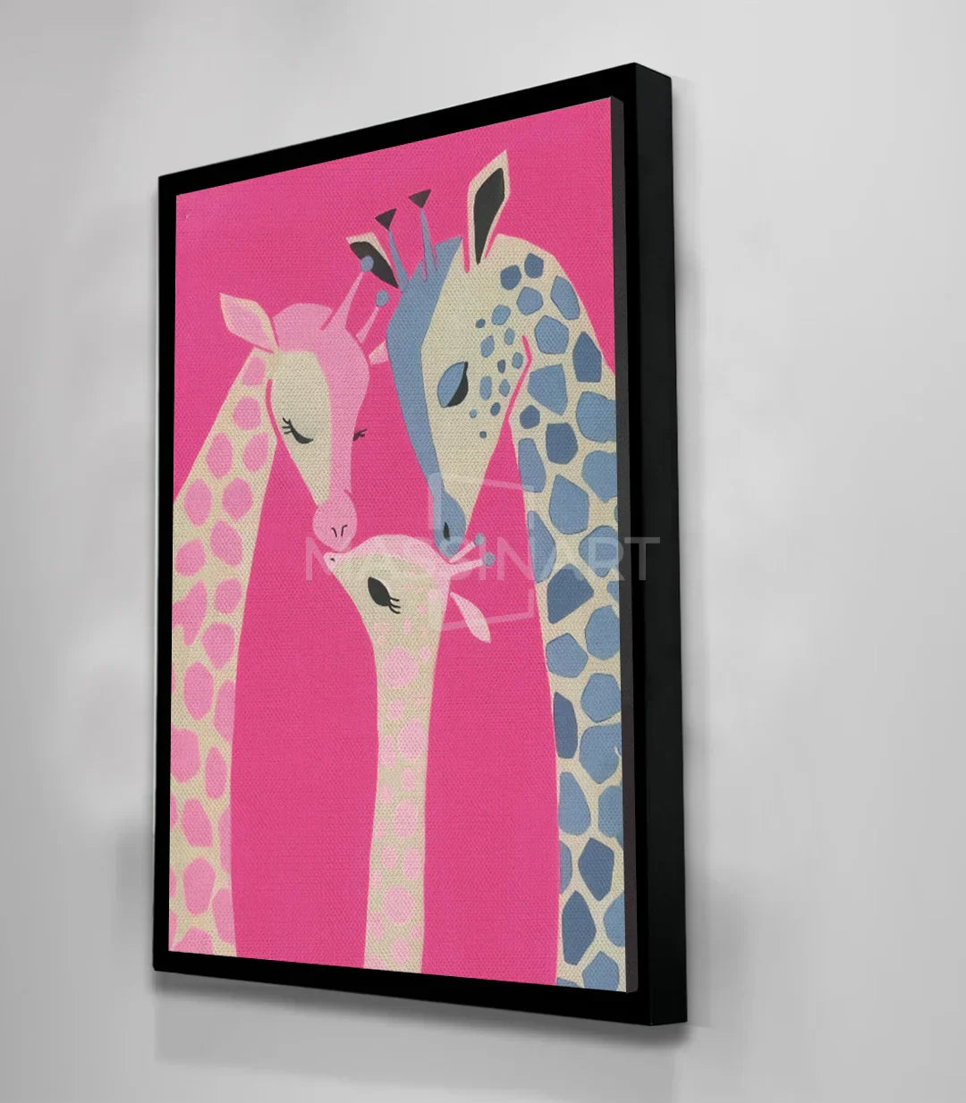 Salón moderno con cuadro Little Giraffe Massinart, lienzo jirafa rosa y azul