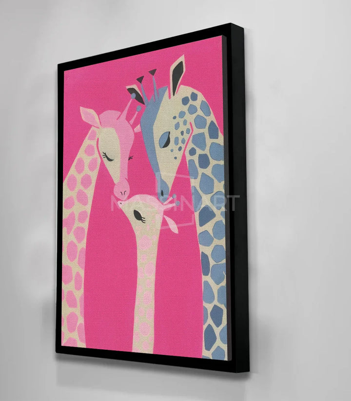 Salón moderno con cuadro Little Giraffe Massinart, lienzo jirafa rosa y azul
