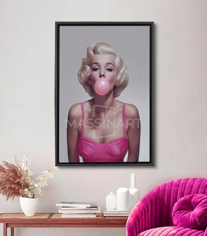 Cuadro Pop Queen — retrato de mujer estilo pop art con burbuja rosa sobre fondo blanco