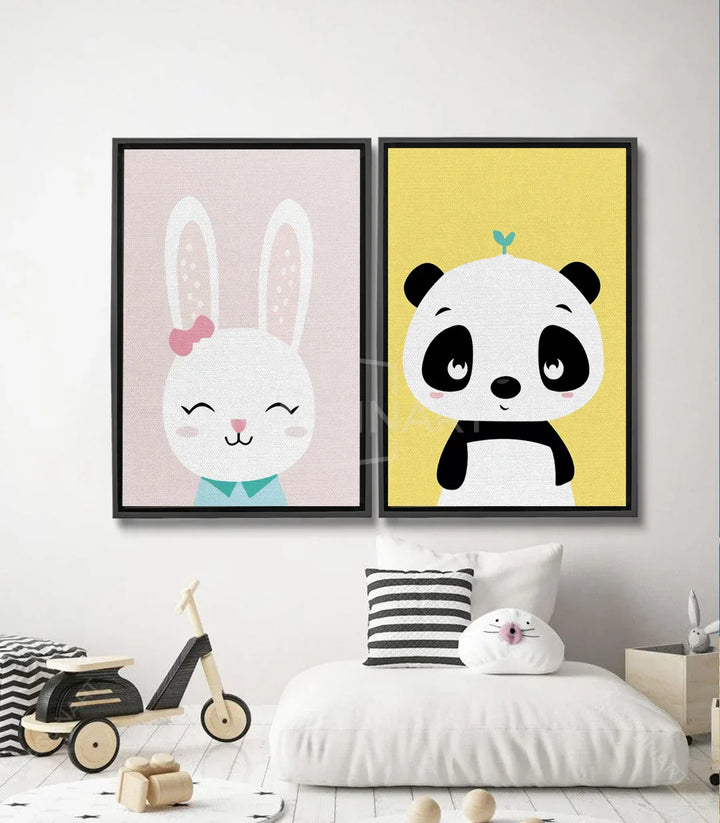 Cuadro díptico Bunny and Panda de Massinart — conejo rosa y panda amarillo para habitación infantil