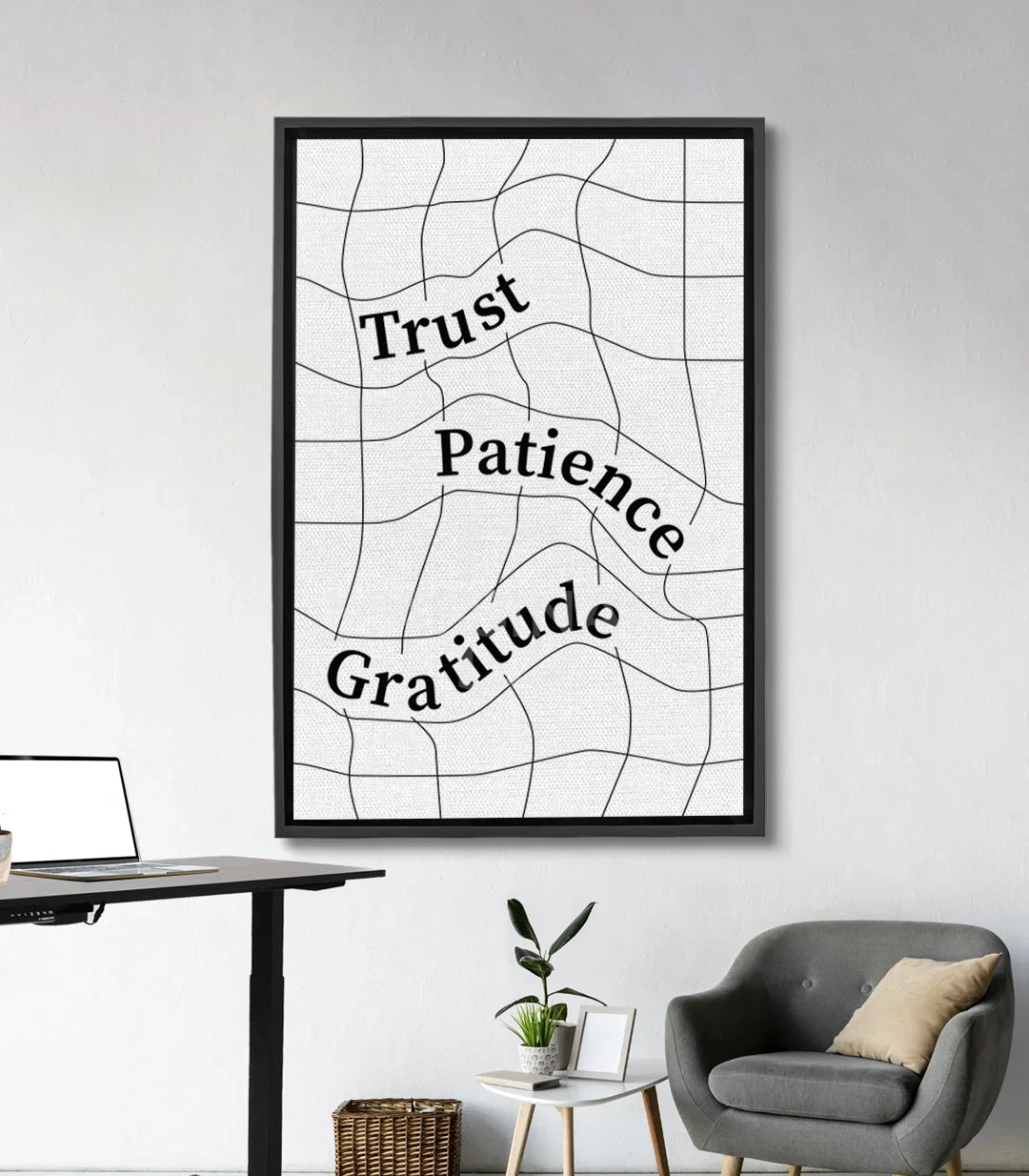 Cuadro con frase Trust Patience Gratitude — diseño minimalista en blanco y negro, Massinart