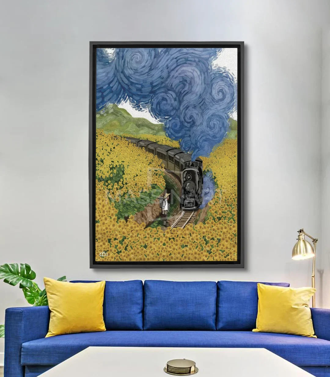 Cuadro de tren locomotora entre campos de trigo amarillos y cielo azul expresionista — Massinart