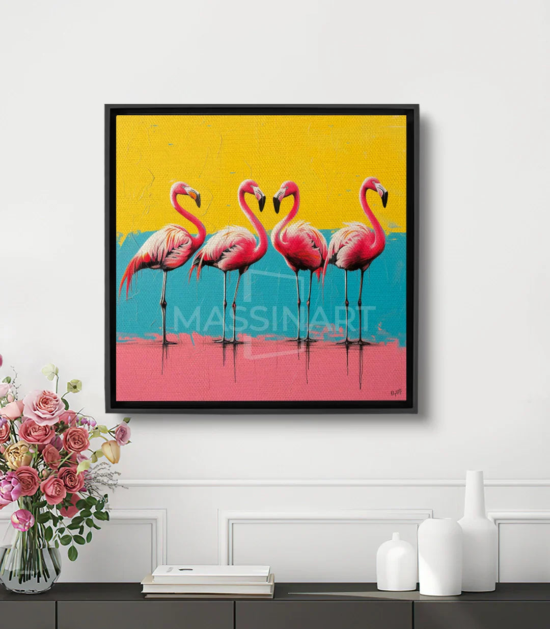Cuadro Flamingo Quartet — cuatro flamencos rosas sobre fondo pop-art, estilo contemporáneo Massinart