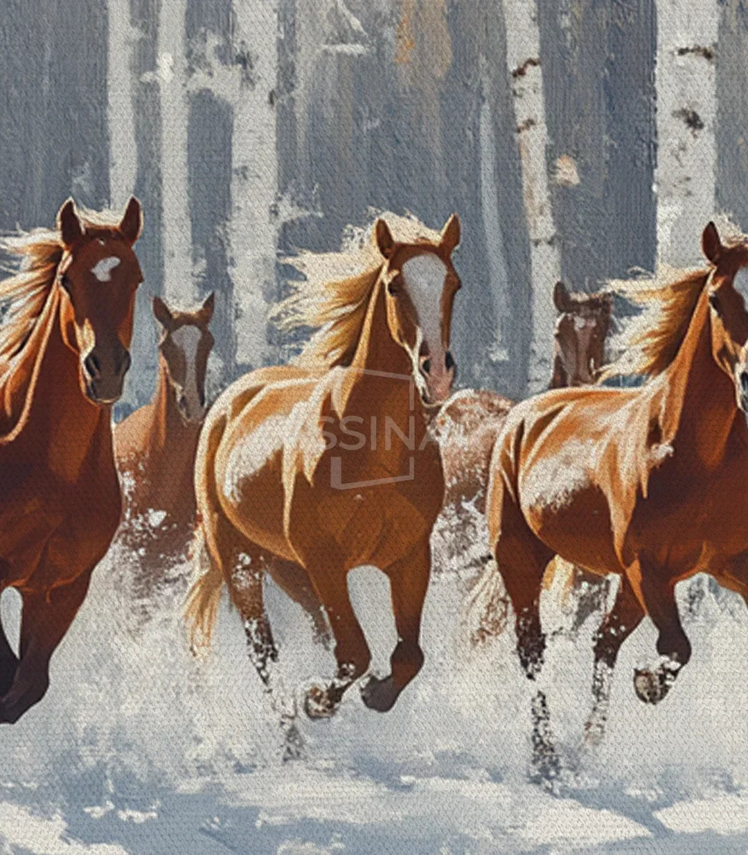 Cuadro caballos en bosque nevado en decoración de dormitorio moderno
