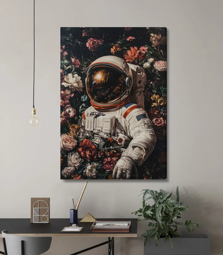 Cuadro Astral Garden en salón monocromático — cosmonauta y flores botánicas sobre fondo oscuro, Massinart