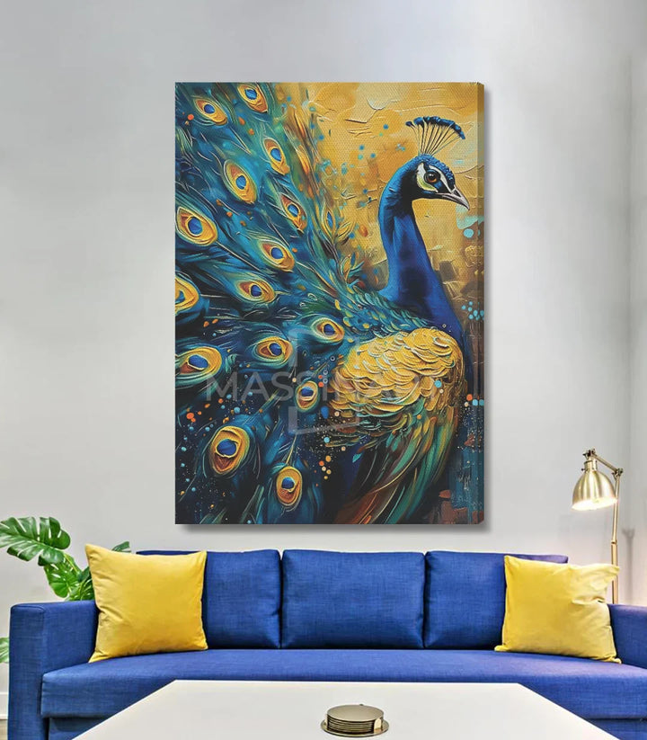 Cuadro pavo real en pasillo sobre pared blanca — Massinart