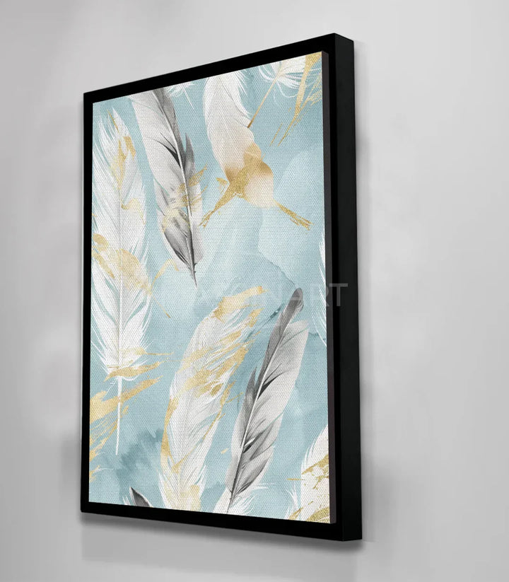 Cuadro Softness plumas doradas composición vertical salón Massinart