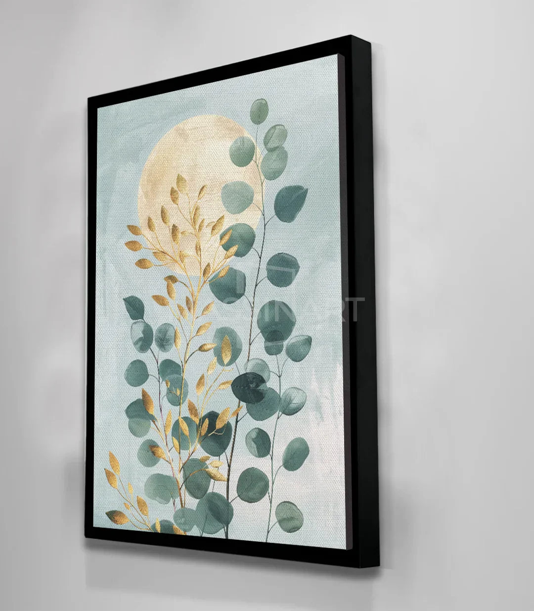 Arte mural contemporáneo para salón — cuadro eucalipto luna dorada estilo nórdico