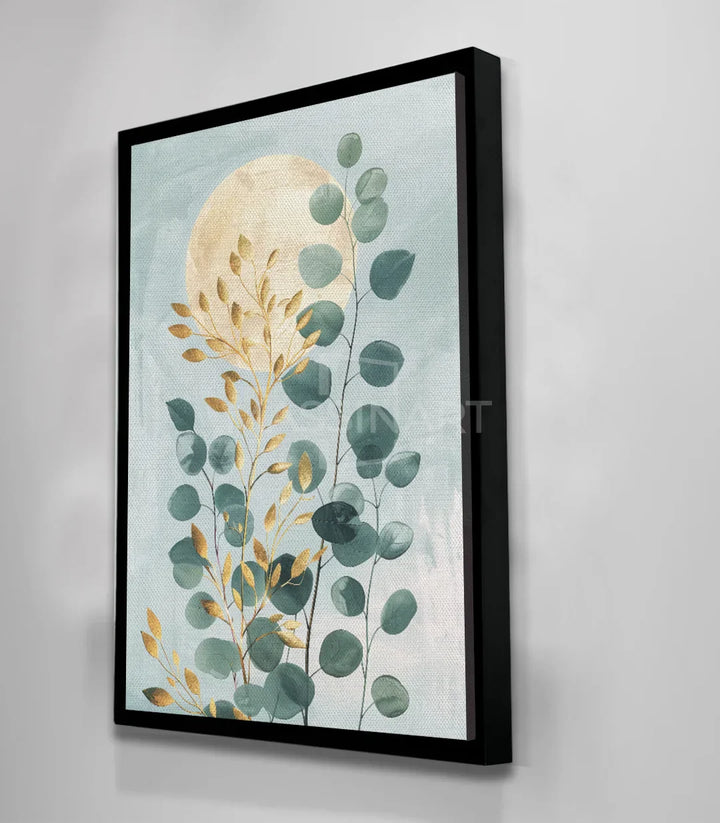 Arte mural contemporáneo para salón — cuadro eucalipto luna dorada estilo nórdico