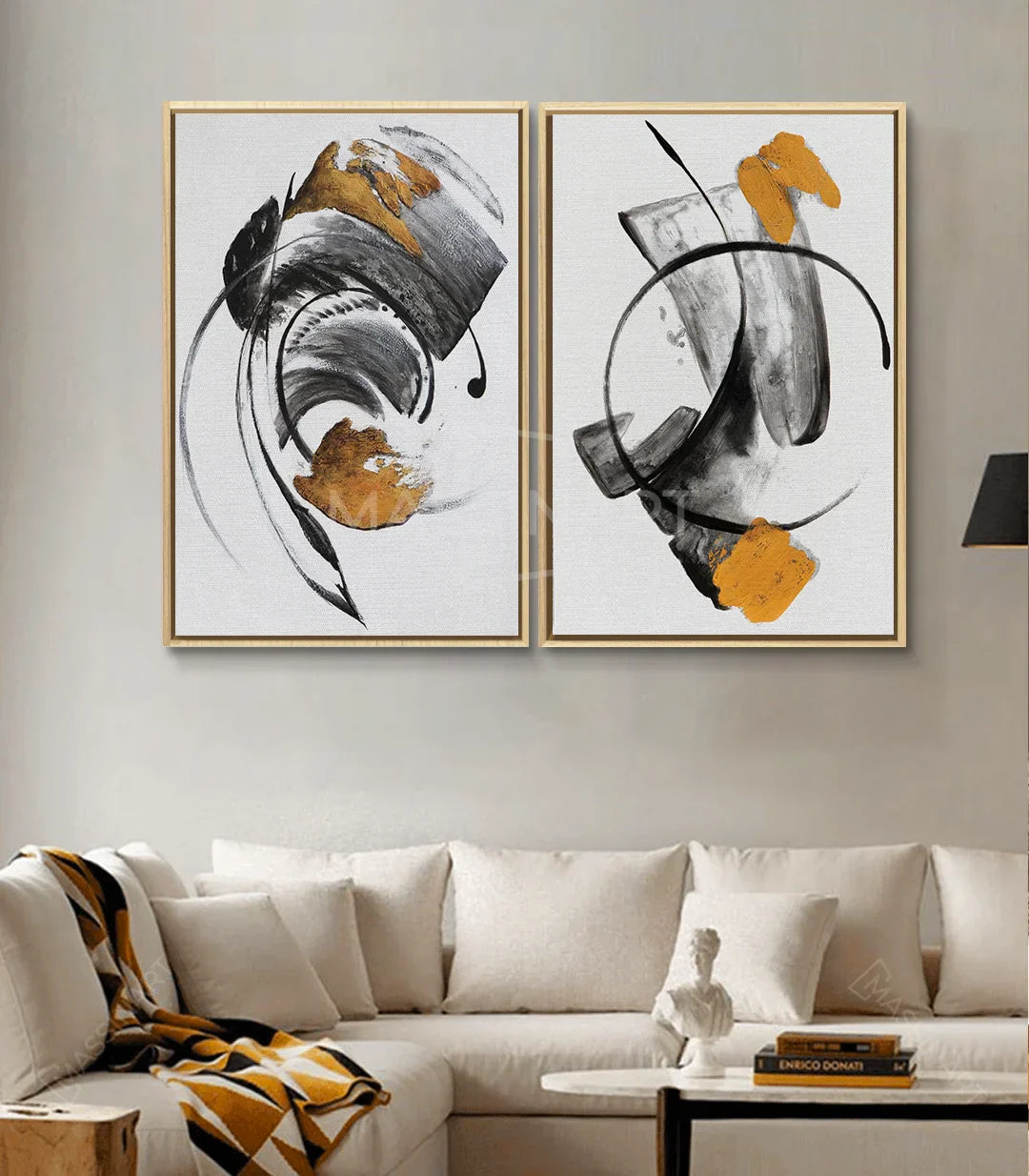 Díptico abstracto Energy en decoración interior de salón contemporáneo, Massinart