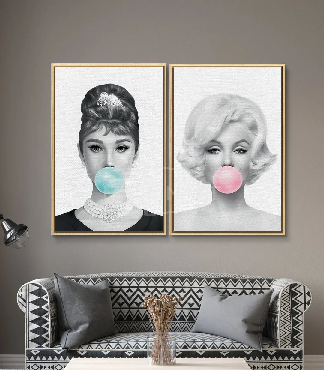 Ambientación díptico Marilyn y Audrey Bubblegum en salón moderno Massinart