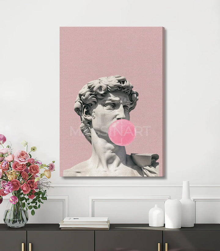 Cuadro David's-Pop Massinart en salón moderno con flores rosas, ambiente elegante