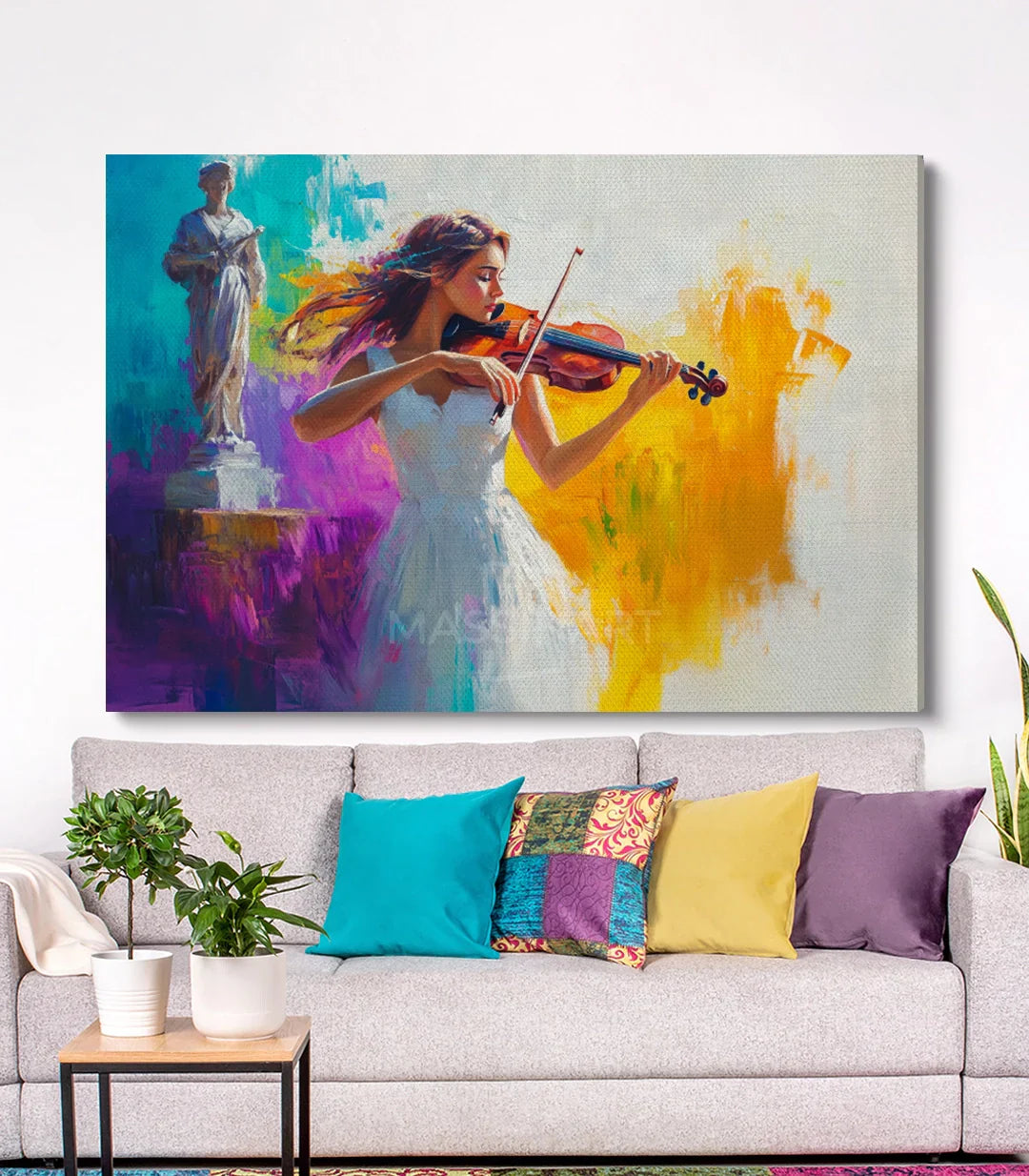 Cuadro Charmed Melody en salón — mujer violinista paleta expresionista multicolor