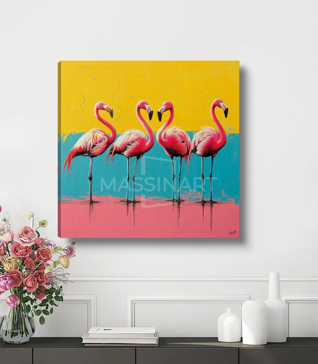 Cuadro Flamingo Quartet en decoración de pasillo, flamencos rosas estilo pop-art Massinart