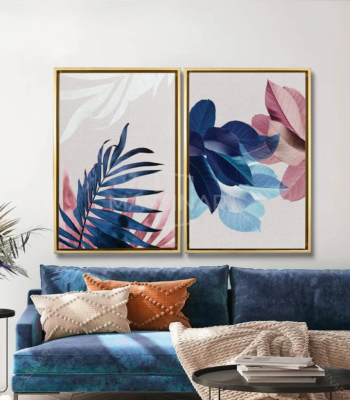Cuadro Botanical Leaves en salón moderno azul, decoración pared, Massinart
