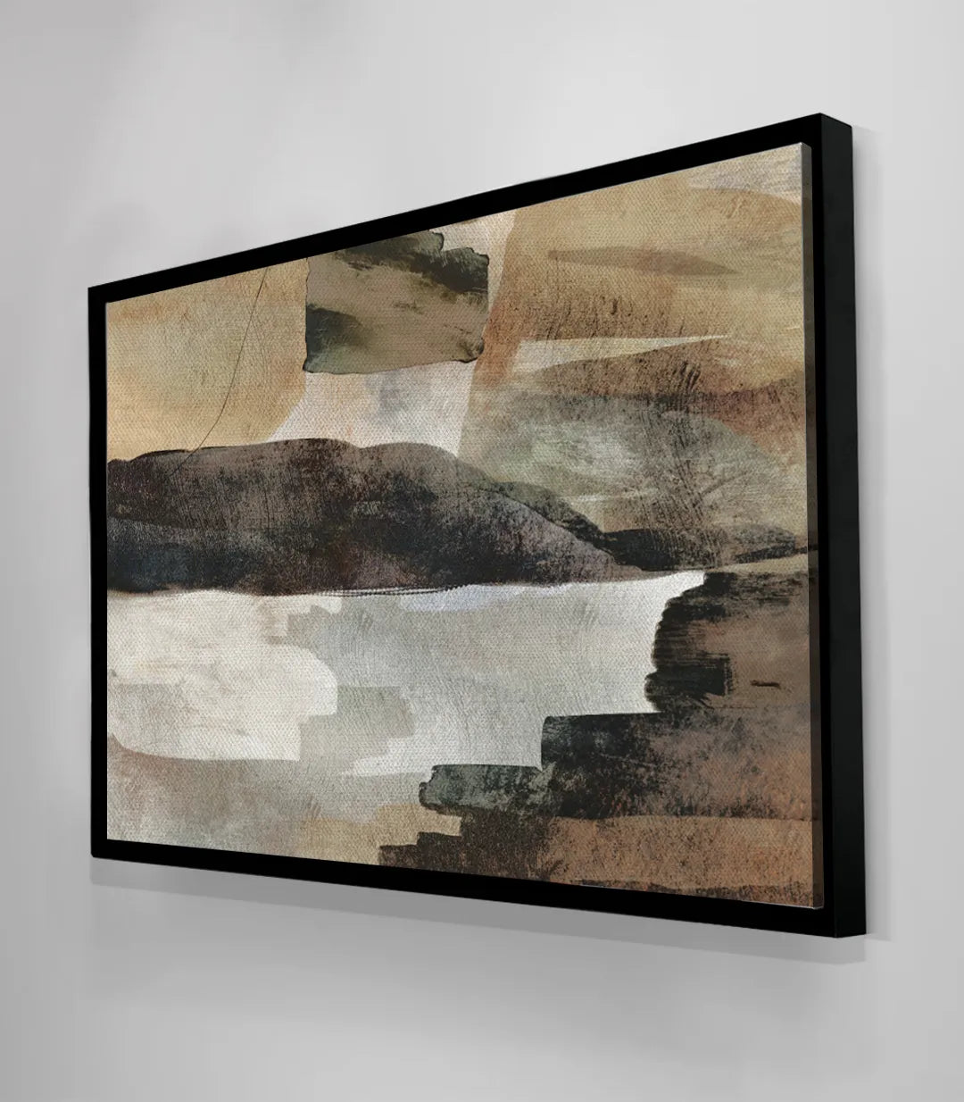 Cuadro decorativo salón moderno, paisaje abstracto blanco marrón beige, marco negro — Massinart