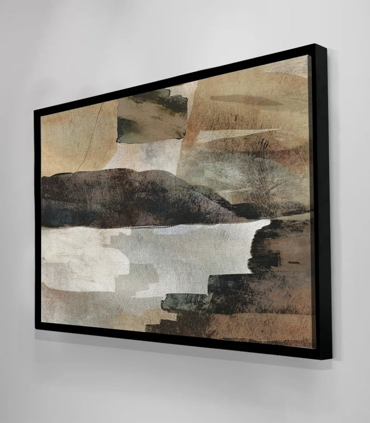 Cuadro decorativo salón moderno, paisaje abstracto blanco marrón beige, marco negro — Massinart