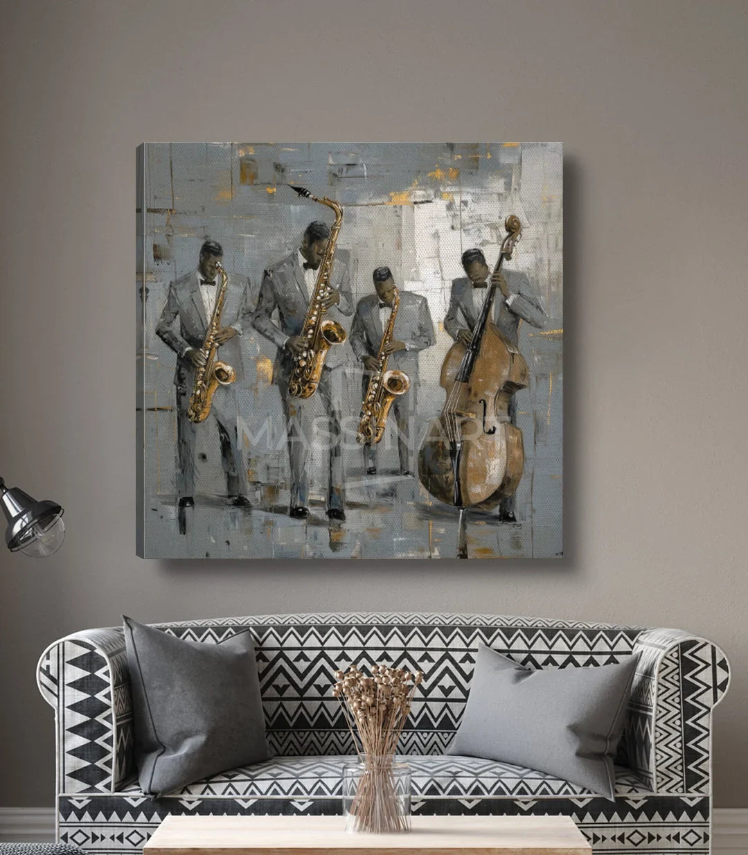 Detalle cuadro Band Vibes — músicos expresionistas sobre fondo gris y dorado, Massinart