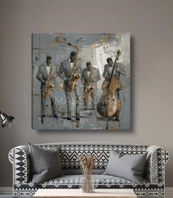 Detalle cuadro Band Vibes — músicos expresionistas sobre fondo gris y dorado, Massinart