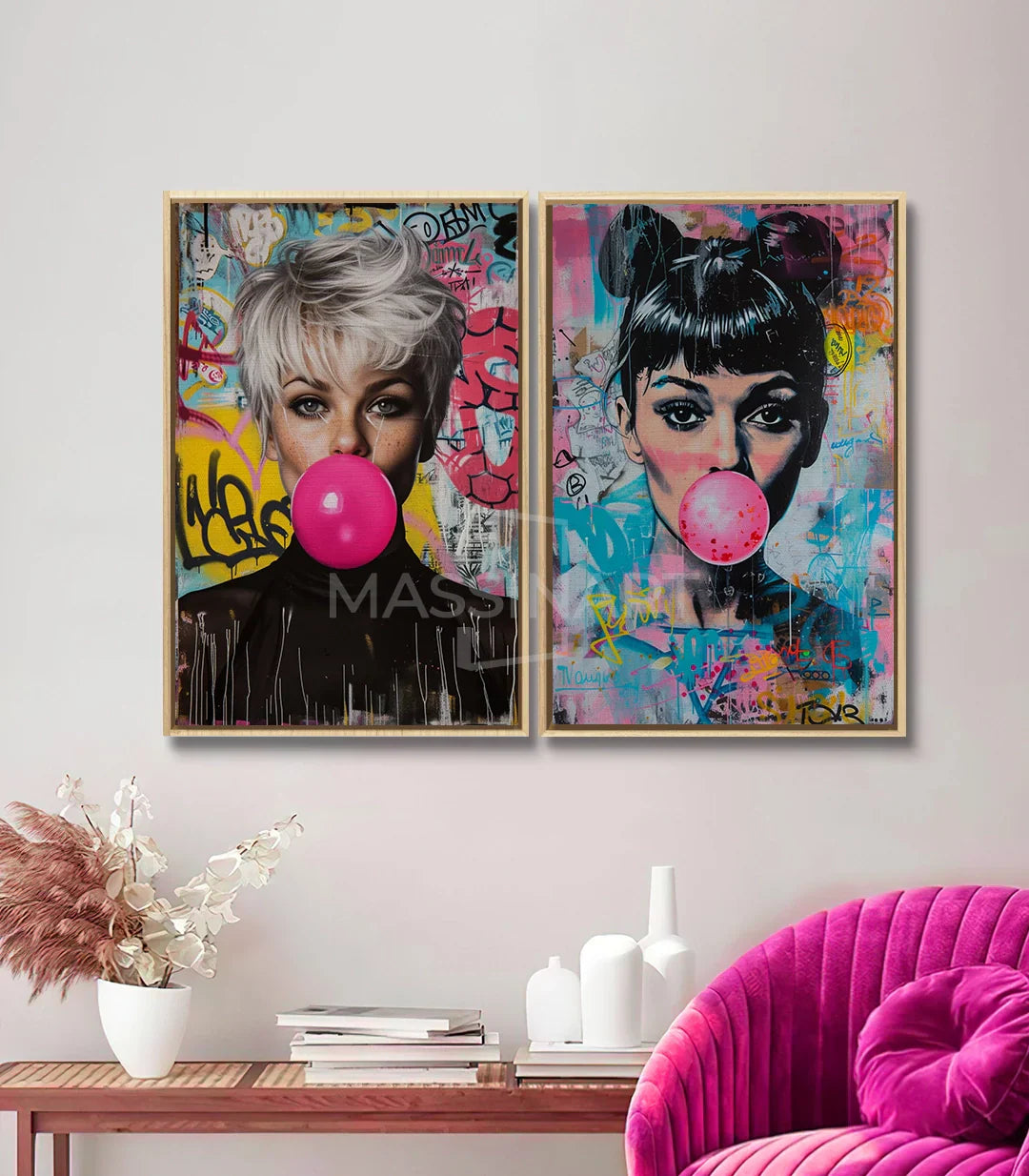 Cuadro Bubble Icons díptico — cuadro en pasillo con retratos urbanos y chicle rosa, Massinart