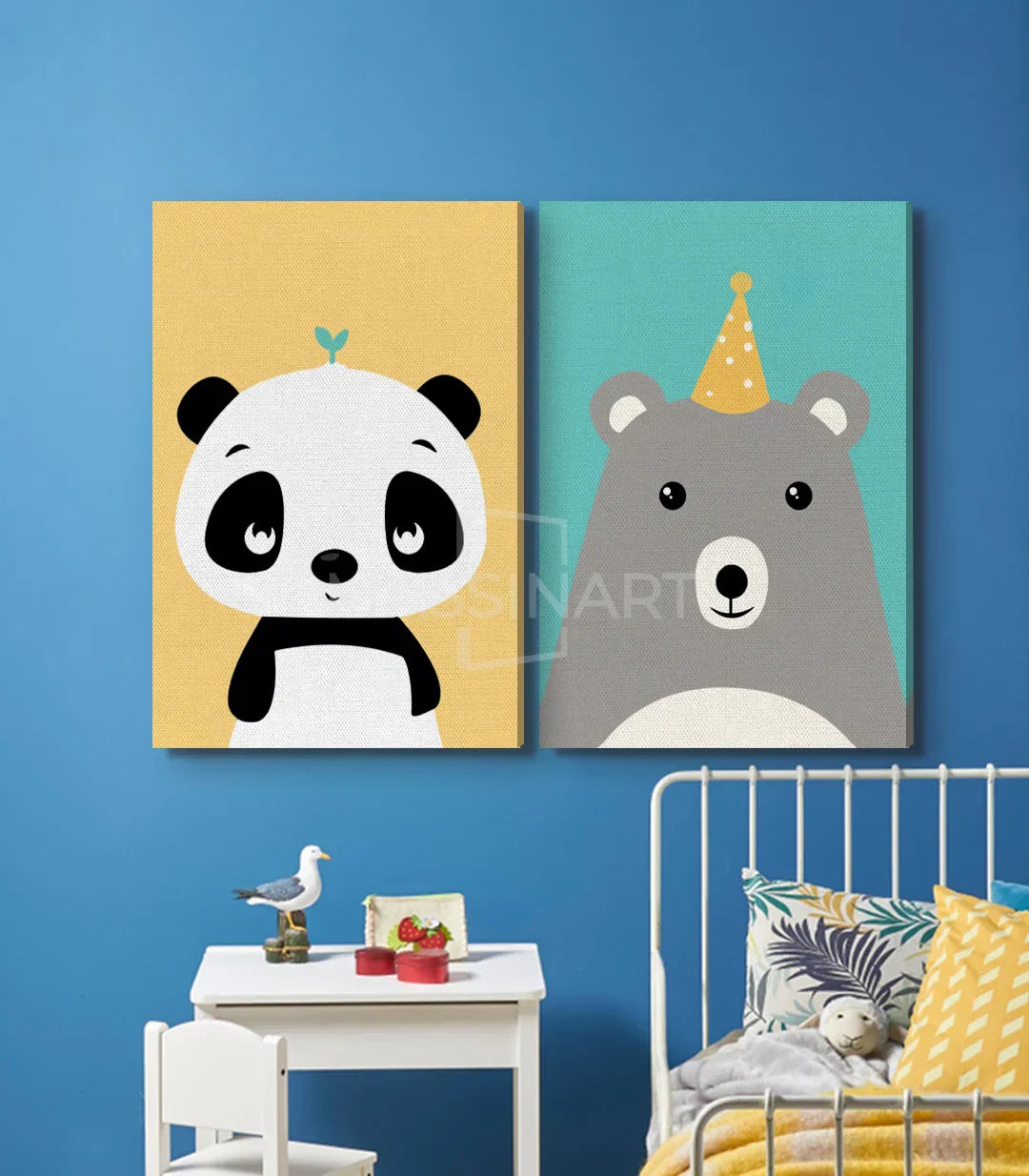 Díptico de animales tiernos para habitación infantil ilustración lúdica Massinart