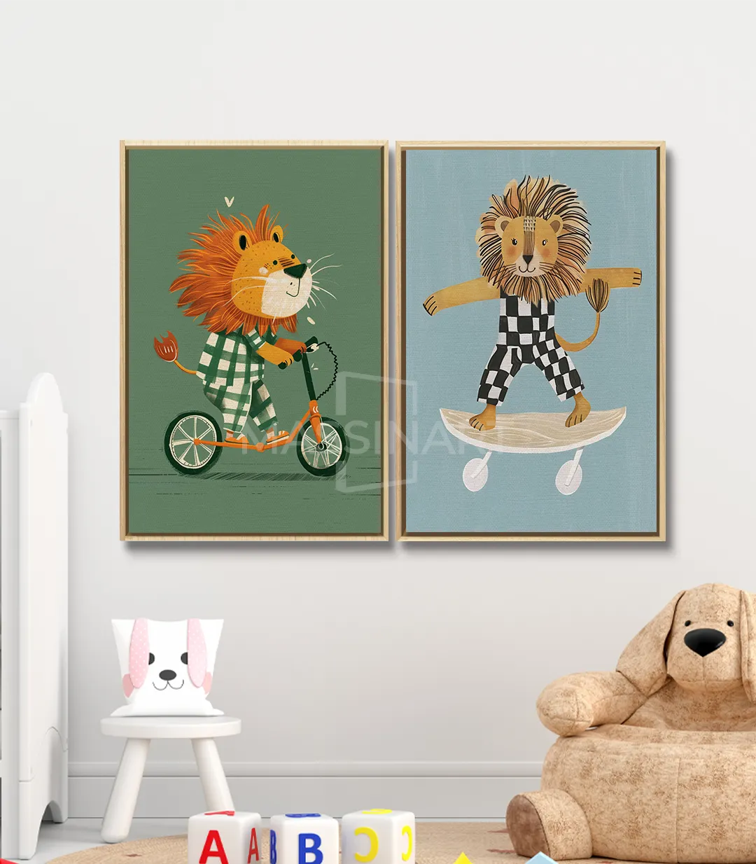 Cuadro león en skateboard azul en interior decorado — Massinart
